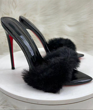 Pointy Toe Fur Mule Heels, Pointed Furry Stilletto Slides