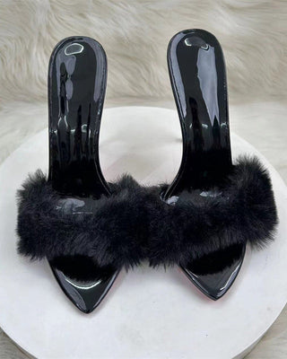 Pointy Toe Fur Mule Heels, Pointed Furry Stilletto Slides