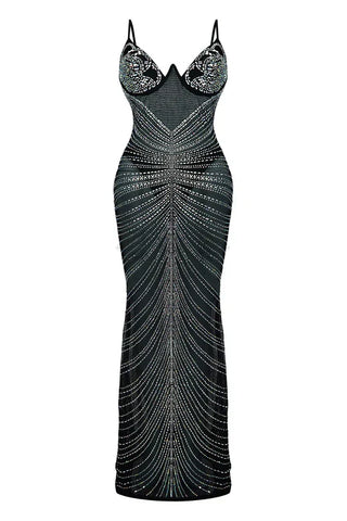 Embellished Rhinestone Evening Gown, Sparkly Mesh Maxi Dress