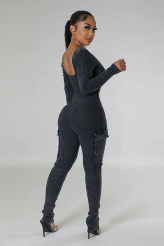 Ribbed Mineral Wash Jumpsuit, Long Sleeve Cargo Jumpsuit