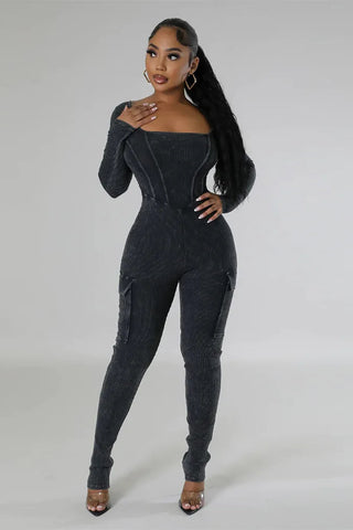 Ribbed Mineral Wash Jumpsuit, Long Sleeve Cargo Jumpsuit