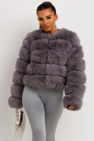 Short Faux Fur Bubble Jacket, Plush 5-Tier Winter Coat