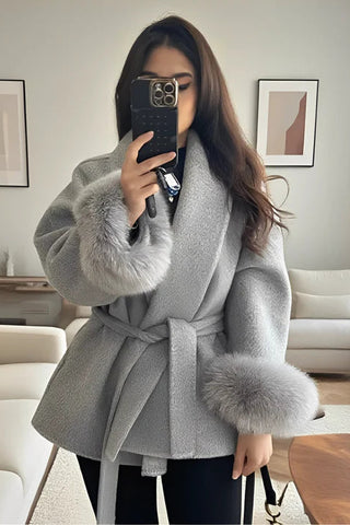 Short Faux Fur Wrap Coat, Belted Winter Coat