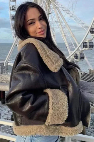 Short Faux Shearling Leather Jacket, Fall Aviator Coat