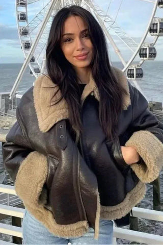 Short Faux Shearling Leather Jacket, Fall Aviator Coat