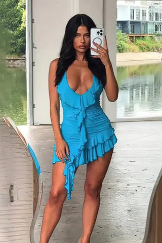 Plunging Halter Mini Dress, Short Ruffle Dress 