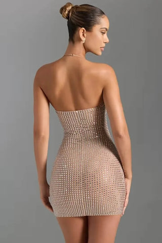 Rhinestone Mini Dress, Embellished Halter Party Dress