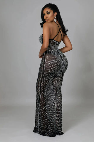 Embellished Rhinestone Evening Gown, Sparkly Mesh Maxi Dress