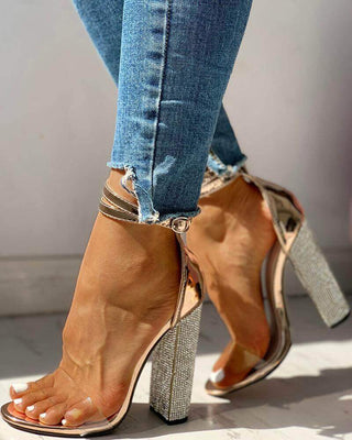 Ankle Strap Rhinestone Heel Sandals, Sparkly Open Toe Block Heels