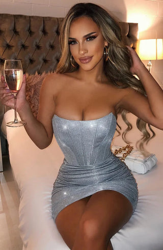 Strapless Corset Dress, Ruched Embellished Mini Dress