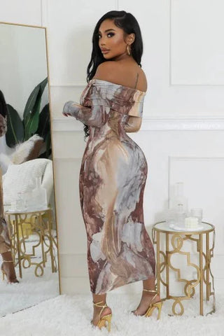 Tie dye Long Sleeve Off-Shoulder Bodycon Maxi Dress