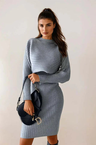 Two Piece Knitted Dress Set, Ribbed Midi Dress with Cropped Sweater