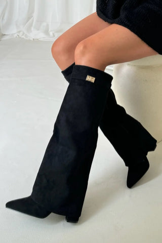 Vegan Suede Fold Over Knee High Boots, Pointy Knee High Boots 3.5"