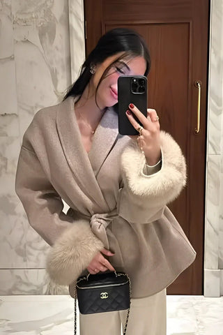 Women Autumn Faux Fur Wrap Coat, Belted Wool Winter Coat 