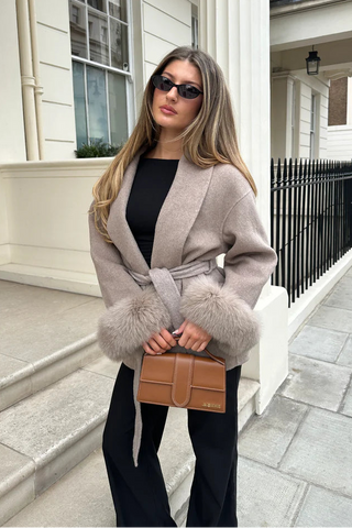 Women’s Autumn Faux Fur Wool Coat, Belted Winter Coat