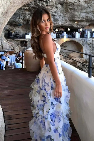 Deep-V Ruffle Maxi Dress, Cutout Backless Floral Maxi Dress