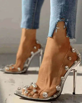 Pointy Toe Clear Rhinestone Heels, Transparent Pointy Pumps