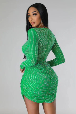 Long Sleeve Deep-V Embellished Mini Dress, Sparkly Bodycon Dress