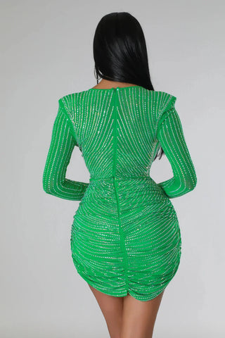 Long Sleeve Deep-V Embellished Mini Dress, Sparkly Bodycon Dress