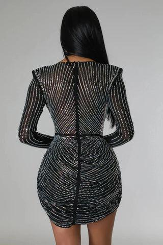 Long Sleeve Sparkly Mini Dress, Plunge Sparkly Ruched Dress
