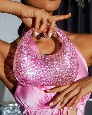 Hard Shell Clear Rhinestone Clutch Bag, Sparkly Top Handle Purse