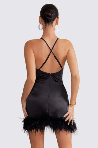 Fur Trim Satin Mini Dress