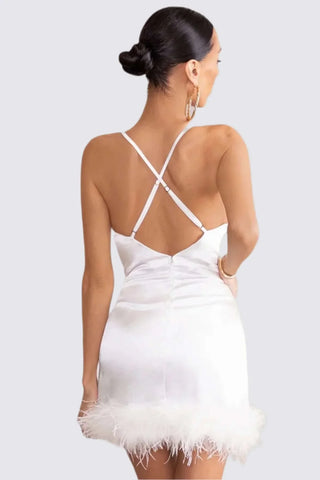 Fur Trim Satin Mini Dress