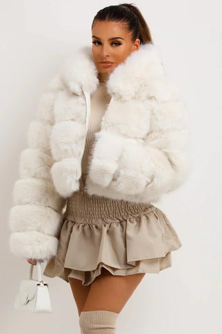 Zip Up Thick Plush Hooded Cropped Faux Fur Coat