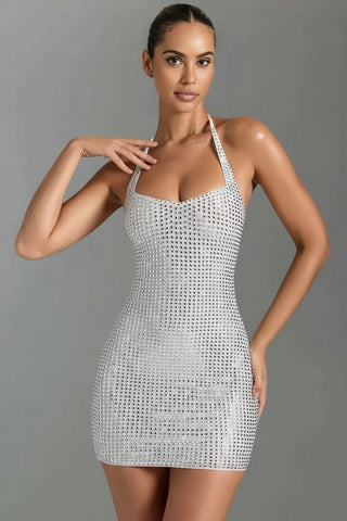 All Over Rhinestone Mini Dress, Hotfix Embellished Halter Dress