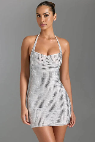All Over Rhinestone Mini Dress, Hotfix Embellished Halter Dress