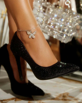 Sparkly High Heels 4", Pointy Rhinestone Pumps