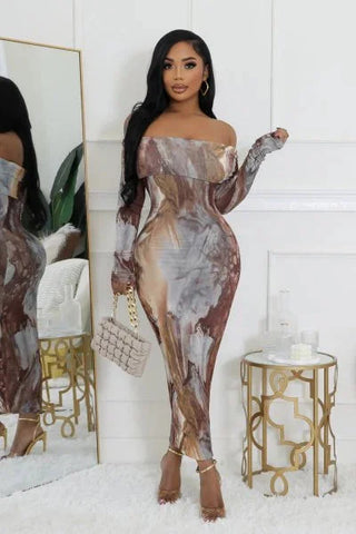 Tie dye Long Sleeve Off-Shoulder Maxi Dress