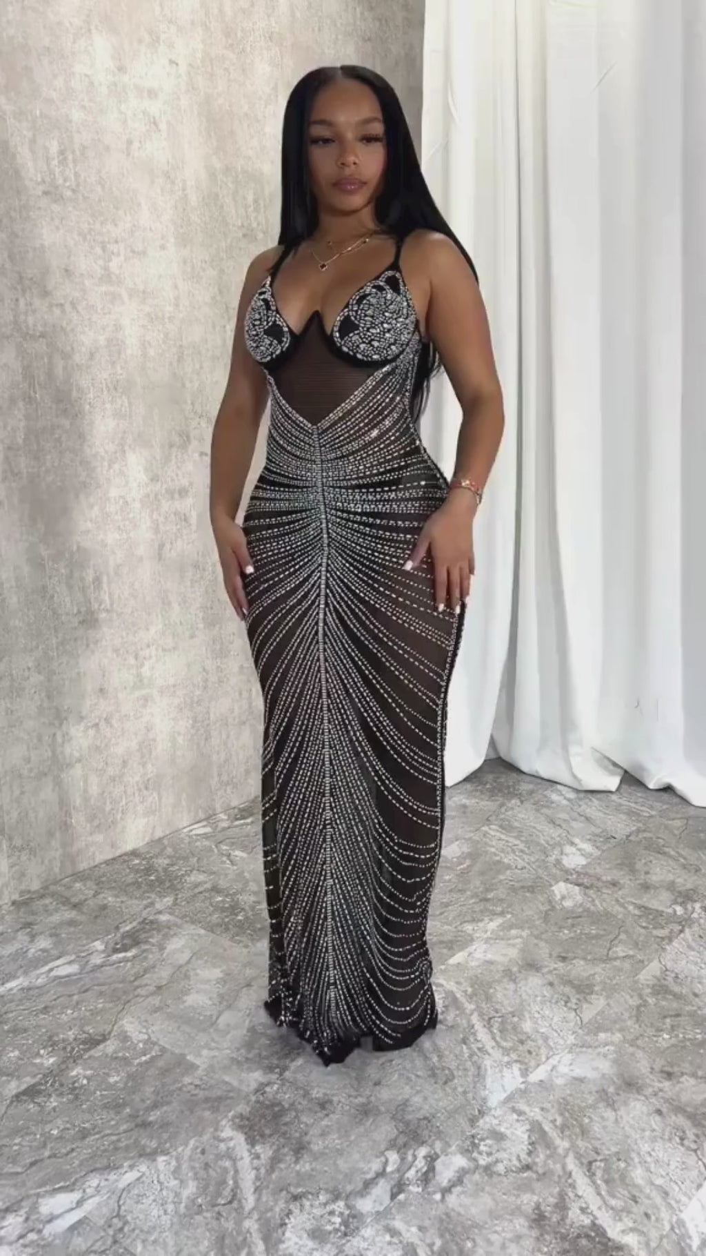 Embellished Rhinestone Evening Gown, Sparkly Mesh Maxi Dress