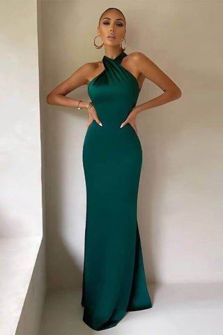 A-Line Backless Satin Halter Maxi Dress