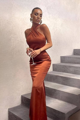 A-Line Backless Satin Halter Maxi Dress